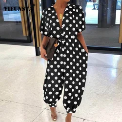 Women Retro Leopard Print Button Jumpsuit Summer V Neck Short Sleeve Playsuit Elegant Office Lady Rompers Beach Overalls Pockets