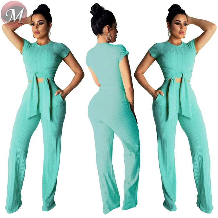 9040123 women fashion casual solid top and wide leg pants two piece set women clothing