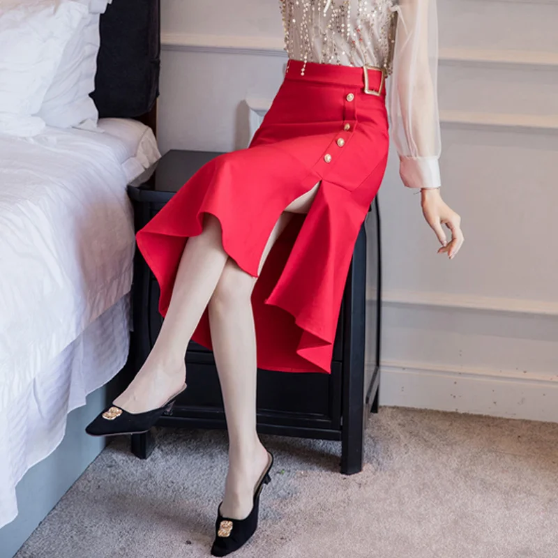 Стрейч тонкий трикотажные юбки для женщин высокоэластичный облешающий рыбий хвост юбка женский пакет бедра длинная юбка размер S-5XL - Цвет: Красный