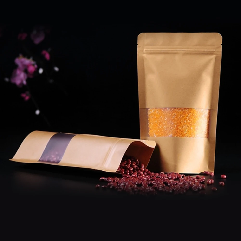 50PCS Tea Package Shopping Resealable Clear Window Practical Food Storage Zip Lock Stand Boutique Display Party Paper Bag