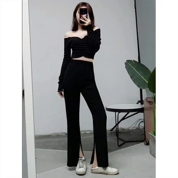 

Spring Summer Solid Elegant Female Lady Women's Palazzo Flared Wide Legs Pants High Waist OL Ladies Career Casual Long Trousers