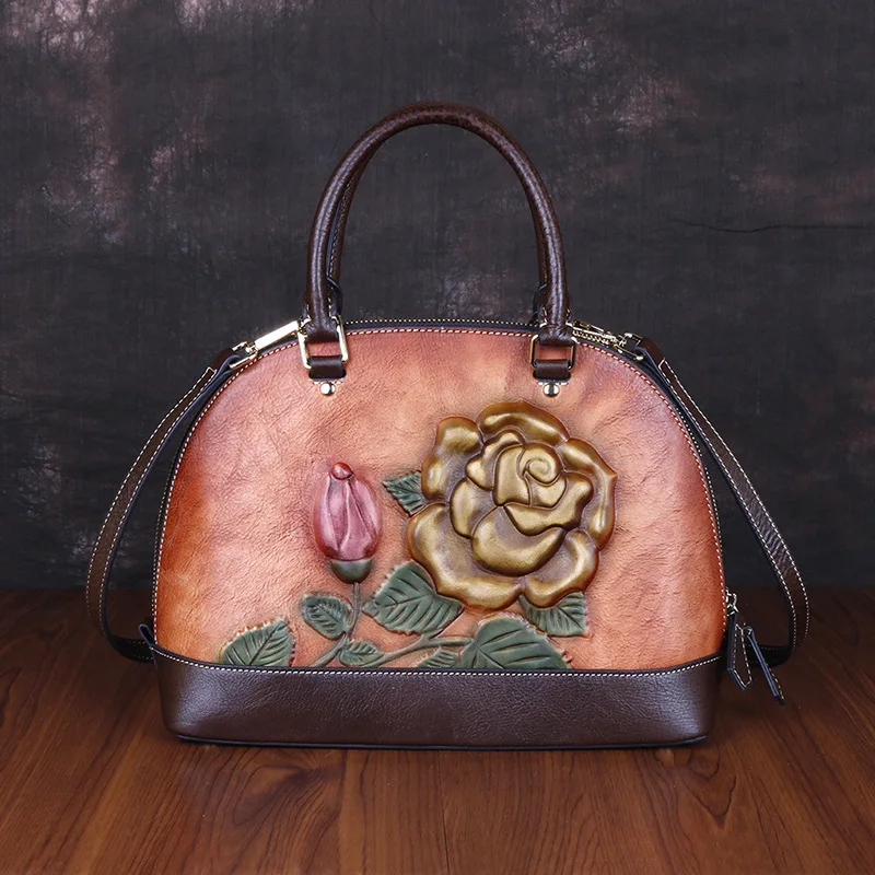 Johnature High Quality Genuine Leather Luxury Handbags Women Bags New Retro Handmade Embossing Shoulder& Crossbody Bags