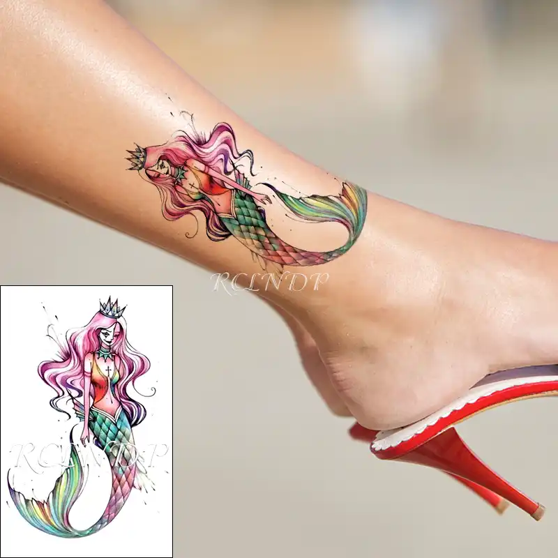 Tatuaje Temporal A Prueba De Agua Pegatina Color Sexy Sirena Pelo Largo Chica Con Corona Cruz Falso Tatuaje Flash Tatuaje Para Mujeres Hombres Tatuajes Temporales Aliexpress