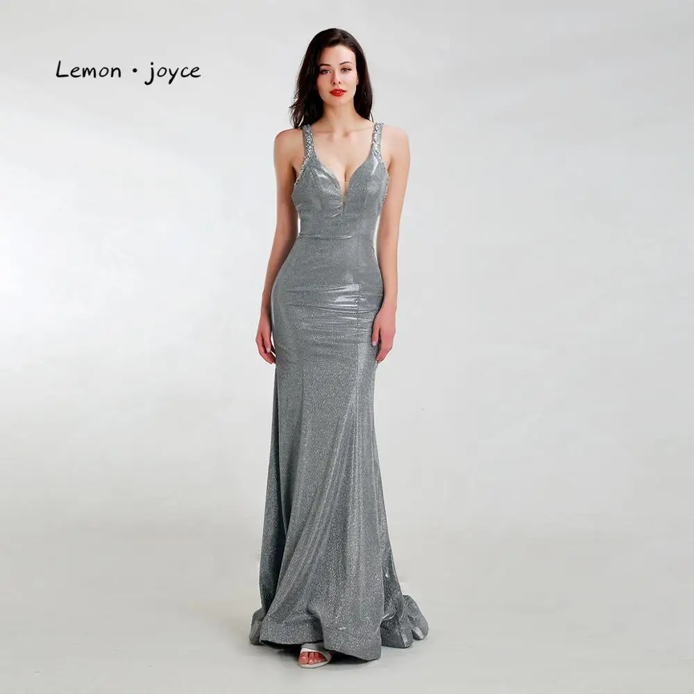 

Lemon joyce Gray Mermaid Evening Dresses Long 2019 Sexy V-neck Backless Simple Beading Shiny Prom Party Gowns Plus Size
