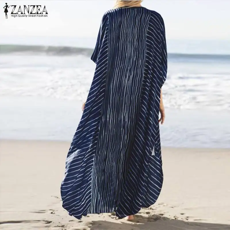 ZANZEA женское Полосатое Длинное Макси платье богемное Vestidos леди летний сарафан длинная туника Vestido пляжные вечерние платье с разрезом Femme