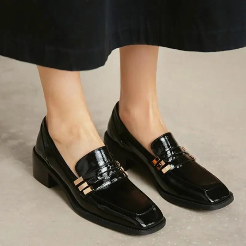

British Style Women Slip-On Casual Shoes Solid Color Square-toe Low Heel Low Cut Loafers