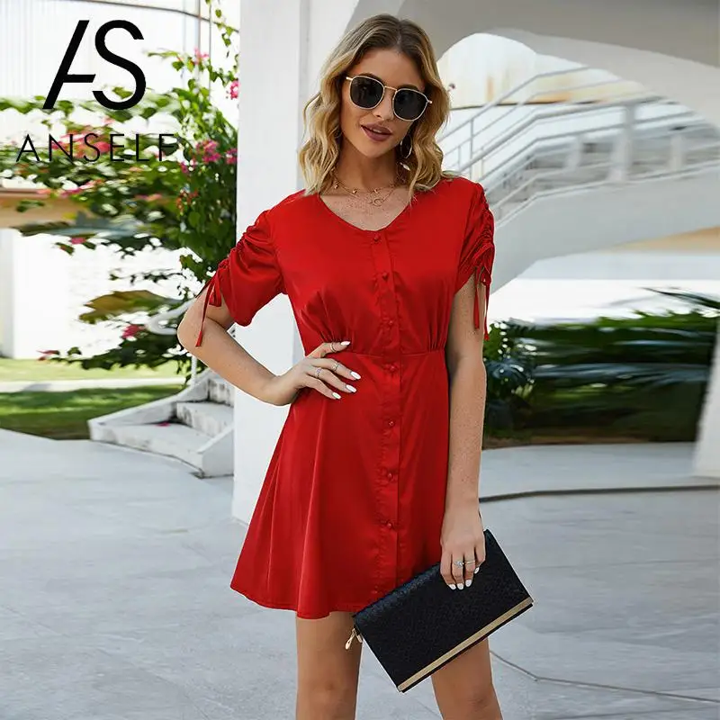 Женское короткое платье модное летнее 2020 пуговицы сплошной цвет v-образный вырез