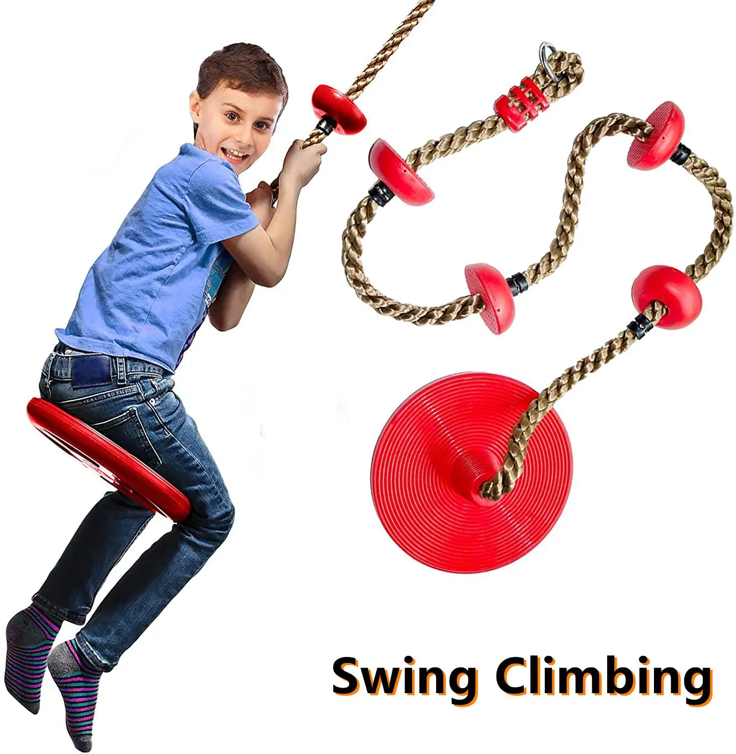 

Exciting Tree Swing Climbing Rope with Platforms Red Disc Swings Seat - Tire Flying Saucer Swing Outside Toys, Strap for Tree.