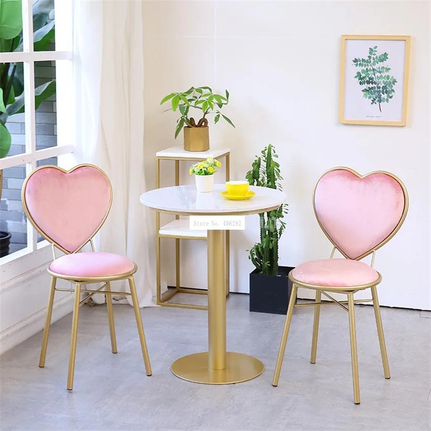 Love Heart Shape Backrest Flannelette Soft Seat Metal Iron Art Leisure Chair Modern Fashion Nordic Minimalist Coffee Cafe Chair