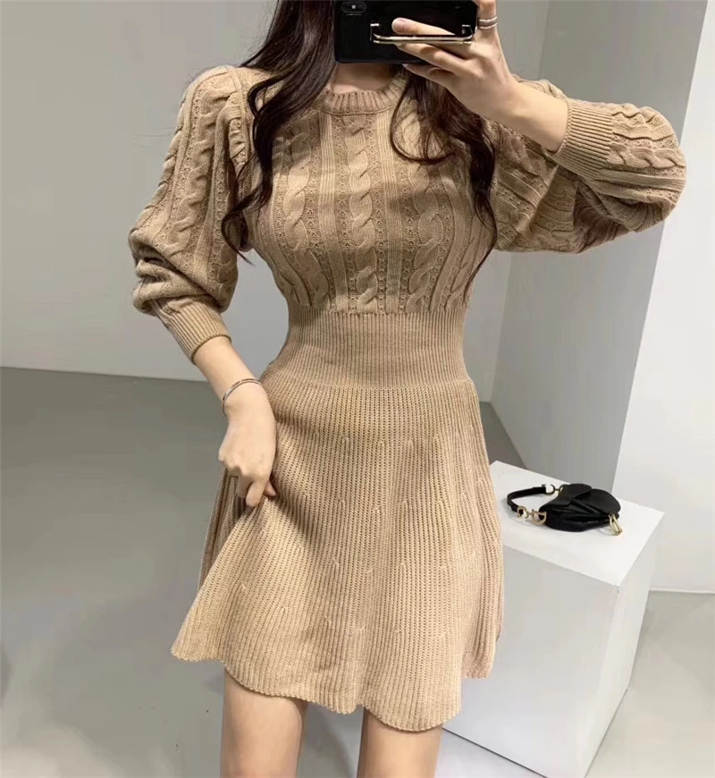 Fashion Autumn Winter Knitted Dress Women Twist Pattern Pleated Dress Elegant Solid Lantern Sleeve Tunic Sweater Dress Vestidos