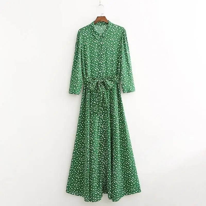 Новое Женское Платье-рубашка с поясом, женское зеленое винтажное платье в горошек, ТРАПЕЦИЕВИДНОЕ весенне-осеннее длинное платье макси с рукавом 3/4