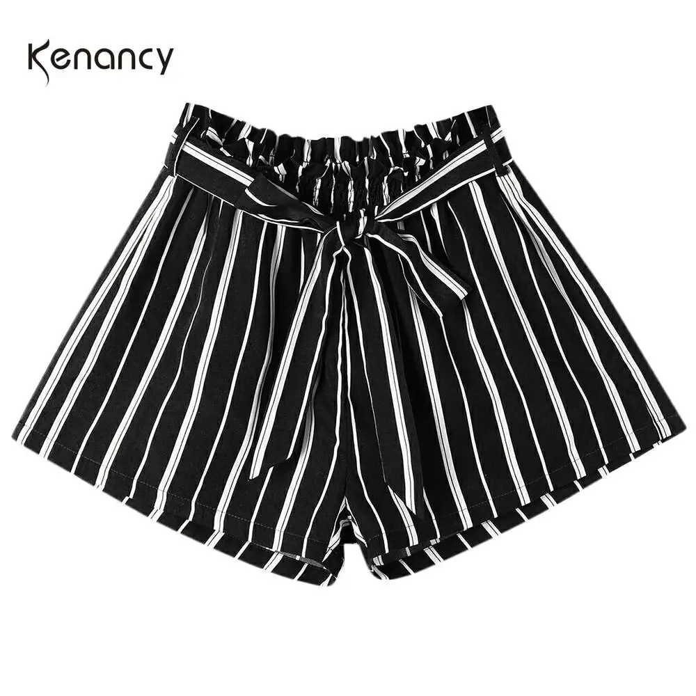 Женские повседневные шорты Kenancy летние полосатые с широкими штанинами и поясом