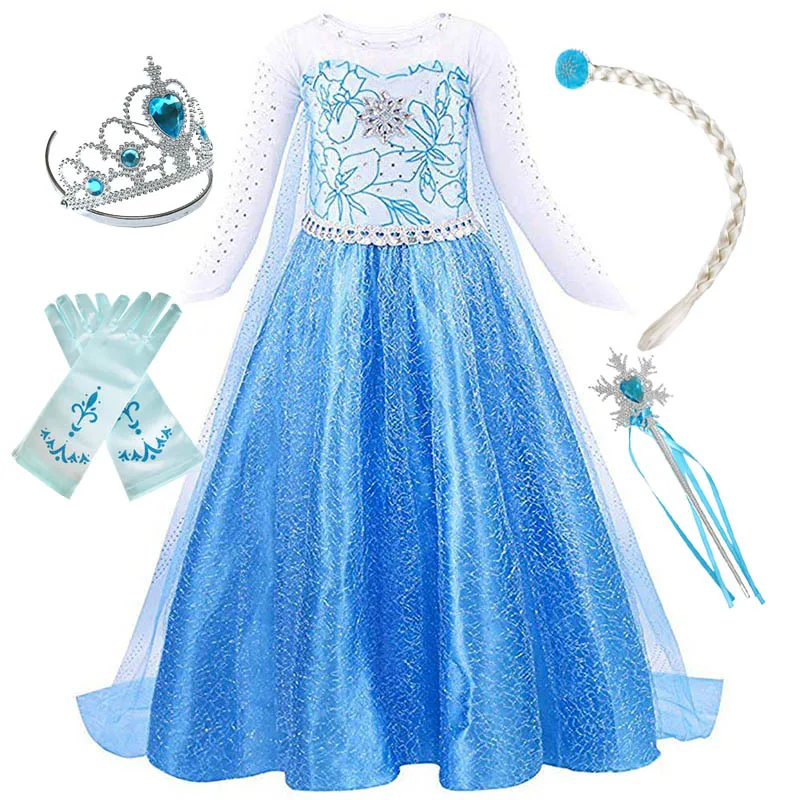 Girl Princess Dress Cosplay Elsa Costume Fancy Dress Kid Halloween Carnival Snow Queen Elza Clothing Party Blue Dress Girls Gift - Color: Elsa Set 7