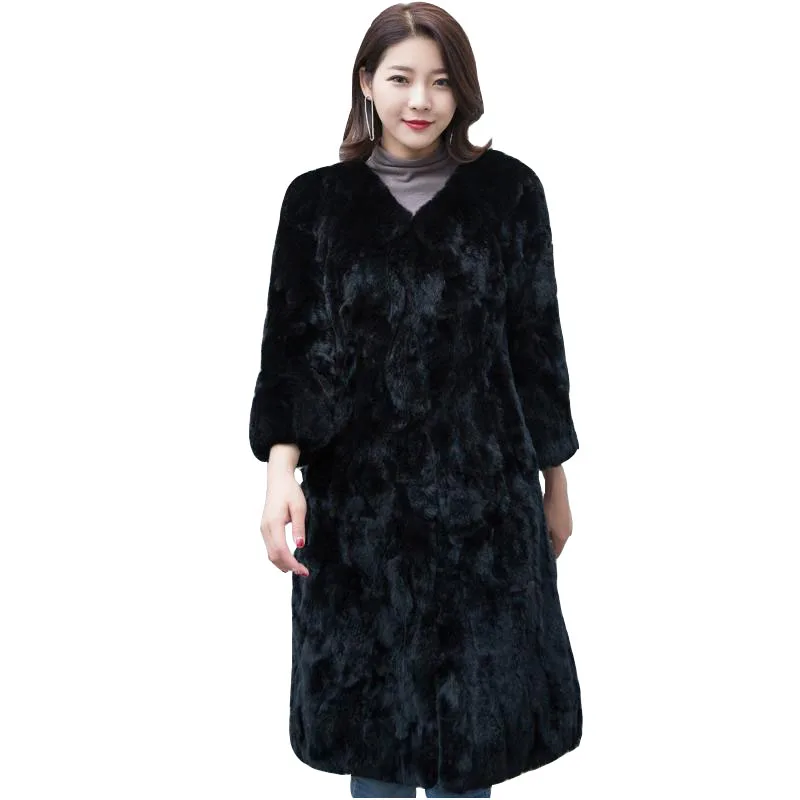 Женская длинная куртка из натурального меха кролика Рекс Корейская зимняя