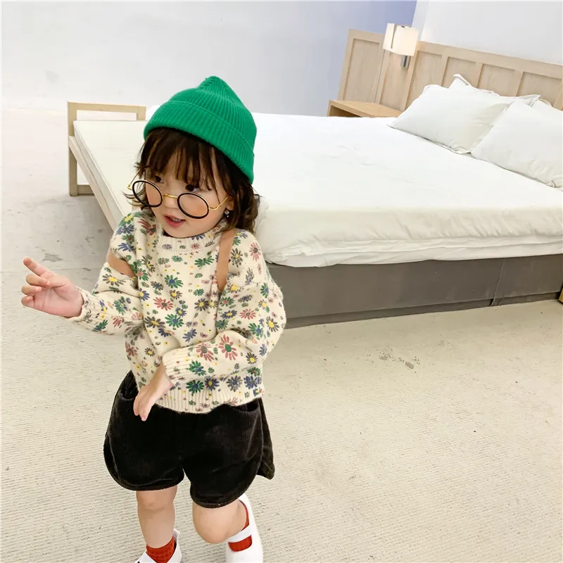 

Childrenswear 2019 Autumn Sweet Girls Chrysanthemum Pullover Cotton Knitwear Children Long Sleeve Crew Neck Yarn Tops