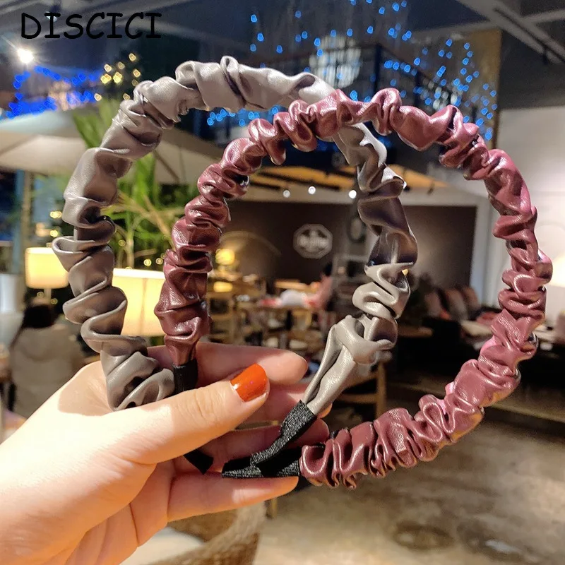 

DISCICI 2020 Pure Color Pleated Soft Leather Headband Girl Hairpin Simple Fashion Headband Hair Accessories Hairband WSH1235