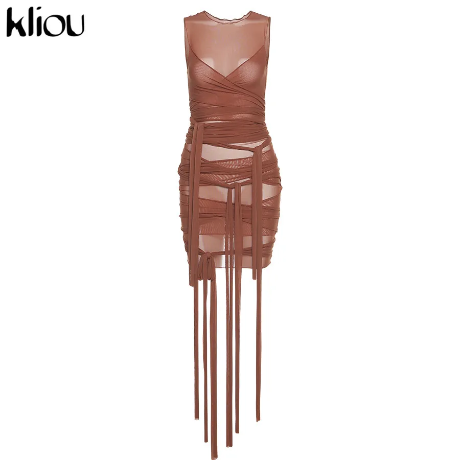 Kliou Ribbons Mesh See Through Bodycon Party Dresses Women Sexy Clubwear Mini Dress Solid Sleeveless Basic Female платье Outfits