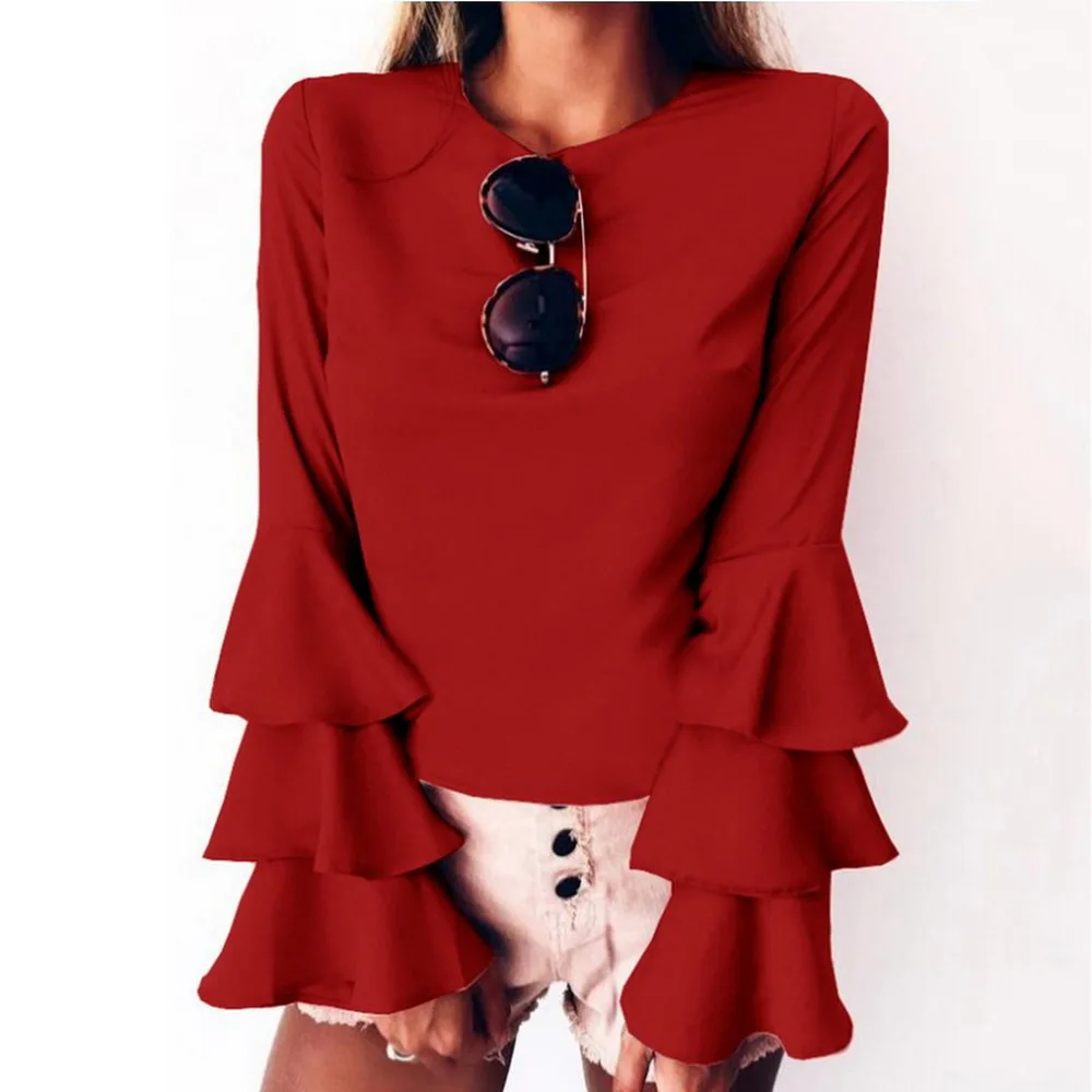 

Loozykit Women's ruffled shirt solid round neck loose long-sleeved shirt autumn chiffon shirt ladies casual Harajuku shirt new