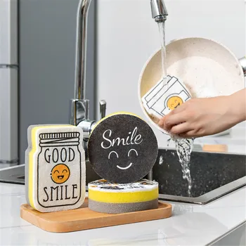 

4PCS Thick Sponge Creative Smiley Face Strong Decontamination Dish Washing Cloth Cleaner Sponges Home Kitchen Cleaning Tool Set