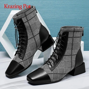 

Krazing pot real leather t-tied mixed cloth plus size square toe thick med heel zipper ankle boots L7f5