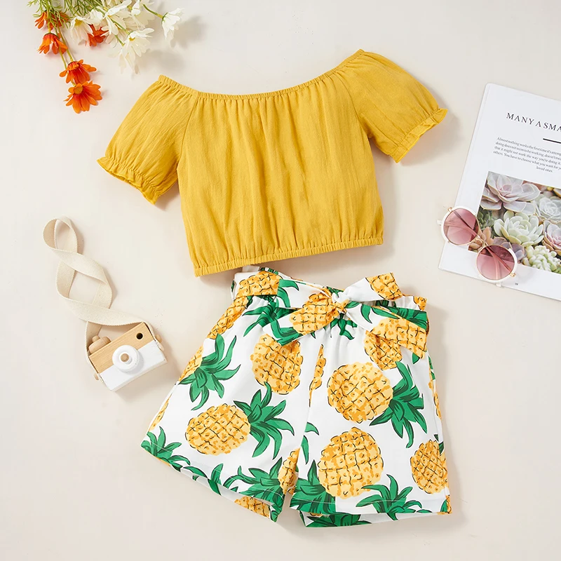 Teen Girls Clothes Summer Yellow Thirt Pineapple Shorts Pants 3 pcs Set Outfit Sunset for big girl 7 8 9 10 11 12 13 14 Years | Мать и