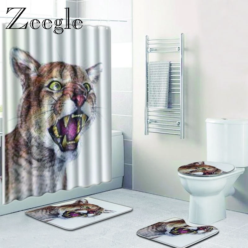 Zeegle Animal Pattern Bath Mat Set with Shower Curtain Anti-slip Shower Mat Doormat Soft Floor Rug Creative Rug for Bathroom