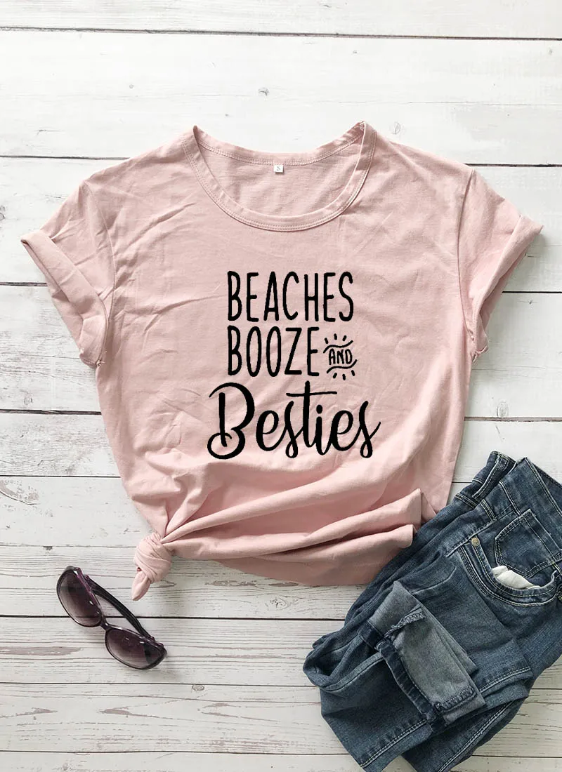 

BEACHES BOOZE AND BESTIES Printed New Arrival Women's Summer Funny 100%Cotton T-Shirt Vacation Shirt Bestie Tees Beach Tops