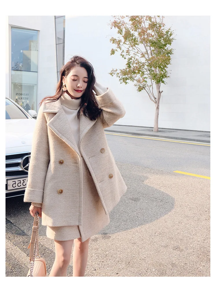Зимняя куртка из искусственной шерсти и юбка в комплекте, корейское пальто для женщин Za, женское манто, Женская Осенняя Базовая модная Толстая накидка