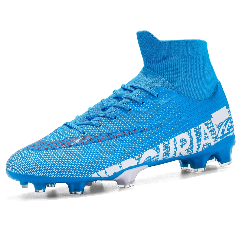 Футбольные бутсы с носками футбольные бутсы для молодежи синие белые мужские спортивные футбольные ботинки Нескользящие футбольные кроссовки для газона мальчиков - Цвет: Blue High AG