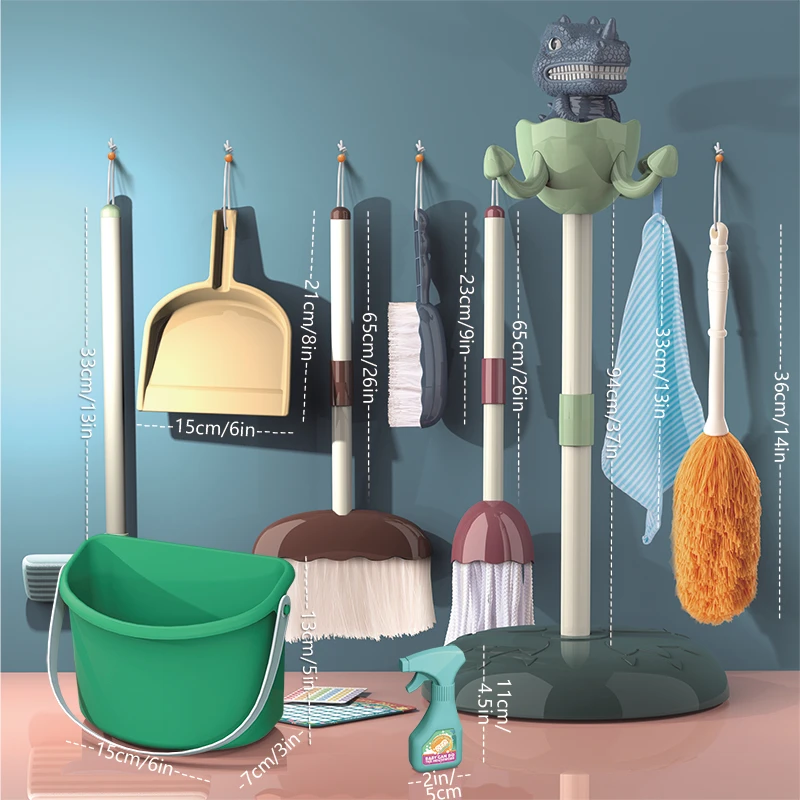 Kids Dinosaur Housework Tool Toys Plastic Cartoon Pretend Play Cleaning Broom Mop Brush Set Educational Toys For Children Gift