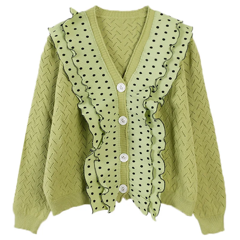GRUIICEEN Winter Polka Dot Women Sweater V-neck Ruffles Cardigans Single Breasted Knitwear Sweaters