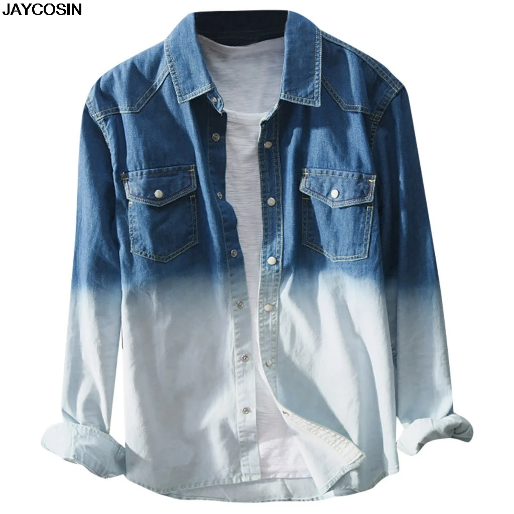 KLV shirts new hot sale Men's springs summer Casual Gradual-Change Long Sleeve Patchwork Shirts coats camisa masculina M-L3