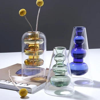 

INS Modern Design Glass Flower Vase Hydroponics Home Decoration Flower Arrangement Double Layer Transparant Plants Holder Crafts