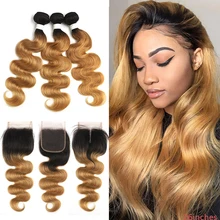 Ombre Blonde Body Wave Bundles With Closure SOKU Brazilian Human Hair Weave Bundles With Frontal 100% Remy Hair Extensions