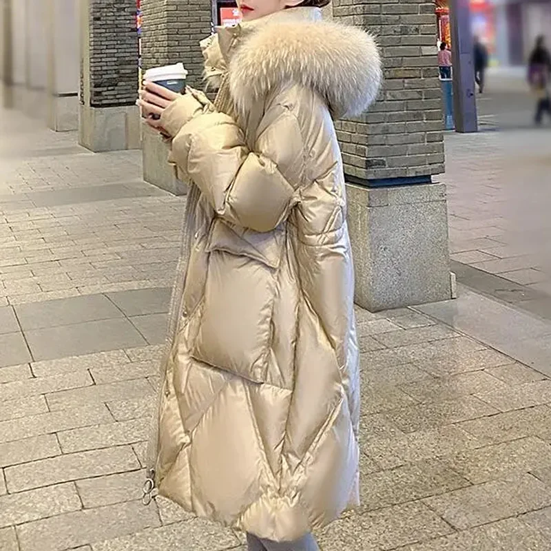 Women Big Fur Collar Coat Winter Warm Outwear Long Parka Hooded Quilted Jacket