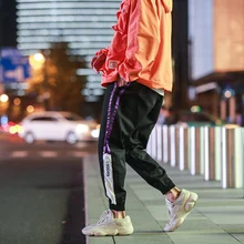 YASUGUOJI в стиле «хип-хоп» для бега Для мужчин модовые боковые полосатые шаровары с лоскутками Для мужчин с эластичной резинкой на талии, брюки с резинками на щиколотках в уличном стиле