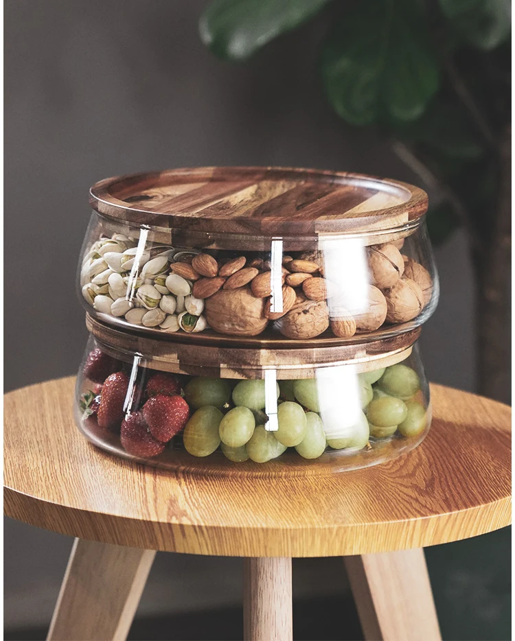 Transparent Glass Stylish Borosilicate Fruit Bowl With Real Bamboo Top - 7.9Inch