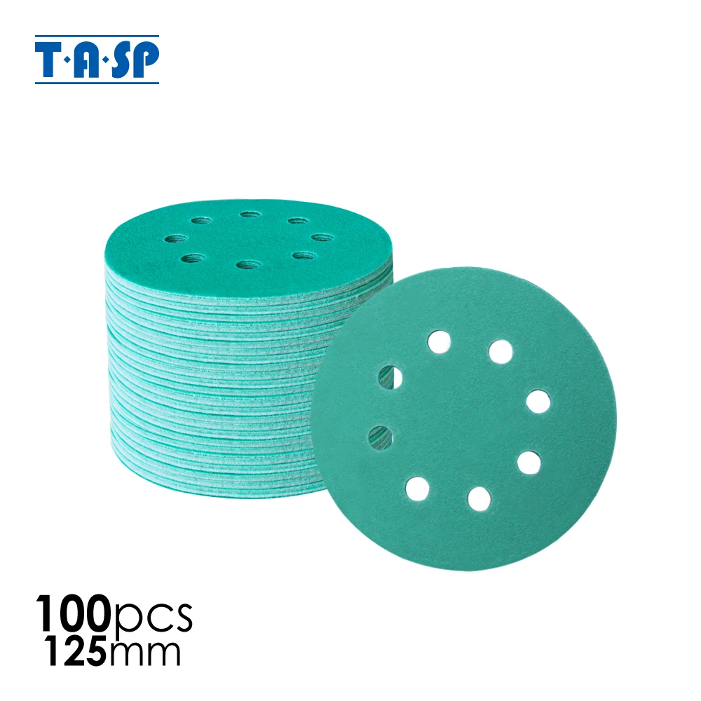 TASP 100pcs 125mm Wet and Dry Sandpaper 5'' Waterproof 8 Hole Anti Clog Sanding Discs 60-400 Grit Hook & Loop Film Backing