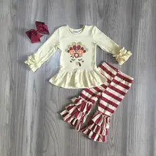 Детские наряды для Дня благодарения топ с индюшкой, красно-белые полоски, штаны, эксклюзивная детская одежда с бантом