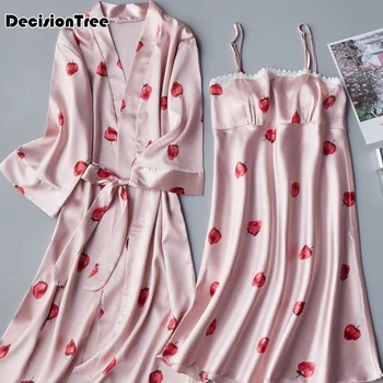 

2020 women total one set sexy and charming ice silk nightdress with short long trousers suit nightdress robe