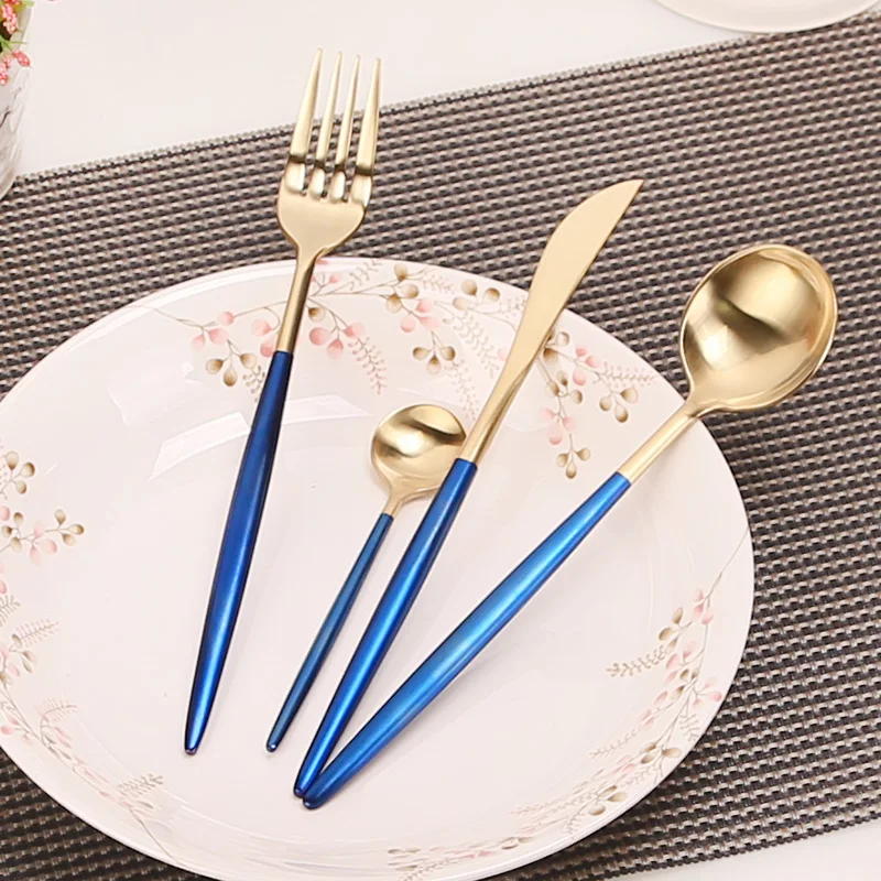 

Blue Gold Cutlery Set Stainless Steel Dinner Western Steak Knife Fork Metal Tableware 4 Pcs Cubertero Portable Dinnerware MM60CJ