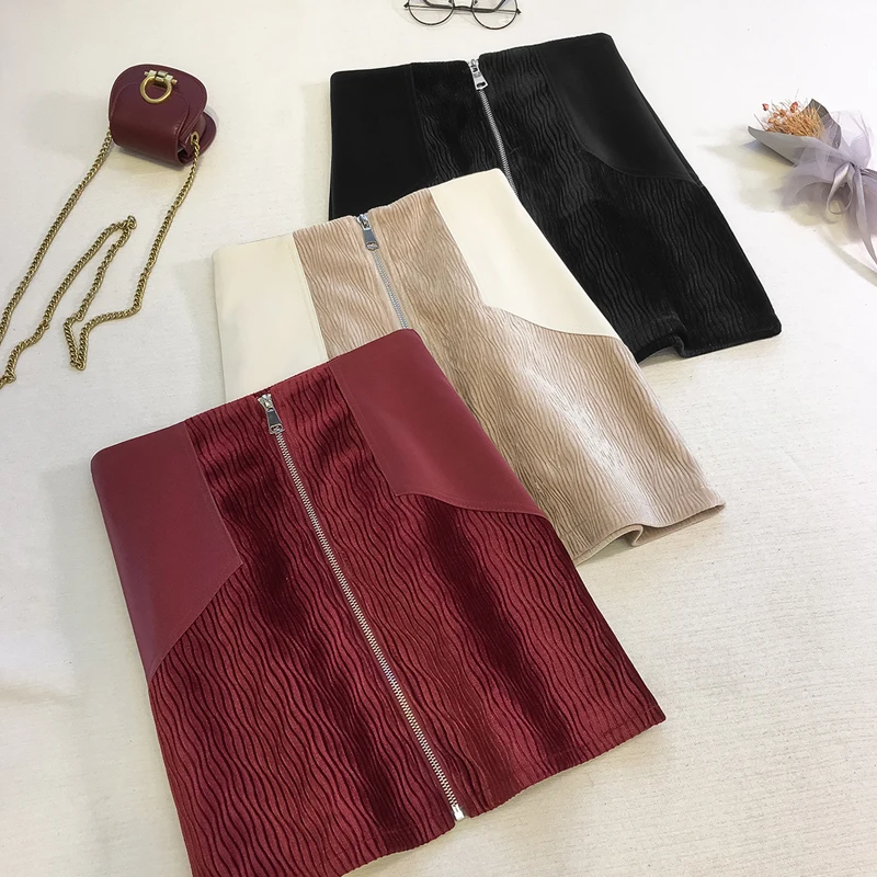 Women Skirt High-waisted Velvet Skirt Women's 2019 Autumn Winter Fashionable Front Zipper Side Pockets