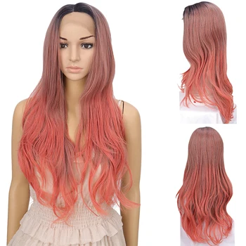 

DI FEI Ombre Black Pink Red Hair Lace Front Wigs 28 inch Long wavy african american Synthetic Wigs For Black Women