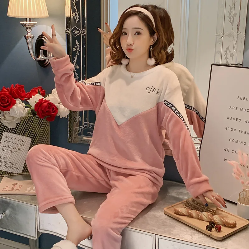 

[Temperature Attitude Warm] Winter Pajamas Women's Flannel Thick Sweet Loose-Fit Color Block Large V Velvet Long Sleeve Tracksui