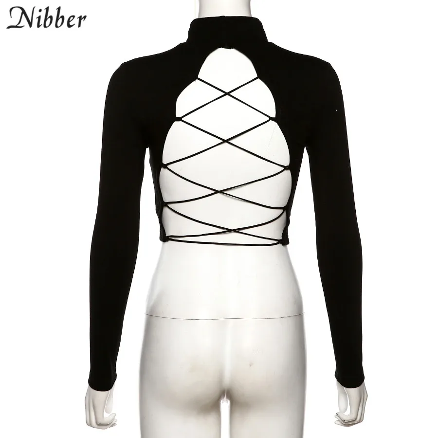 NIBBER street style sexy backless hollow out Bandage top slim turtleneck t-shirt crop top2019autumn  trend full sleeve tee femme
