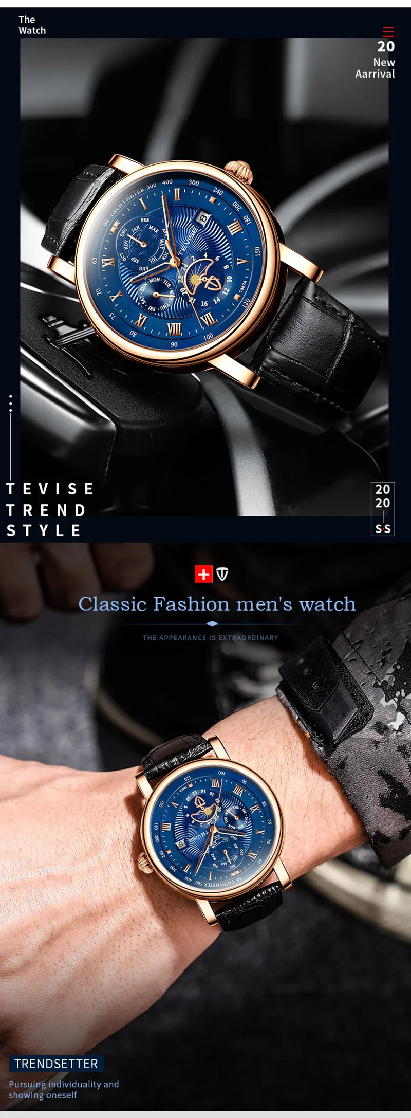 TEVISE T867A Automatic Mechanical Watch Man Date Week Month Display Waterproof Leather Strap Zirconium Drill Embellishment Male