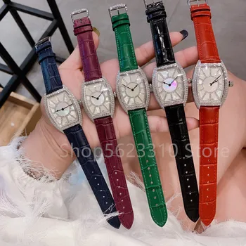 

Luxury CZ Quartz WristWatch stainless steel wine Barrel Clock Women Genuine leather watch FM Crystal Sun shell pearl Dial watch