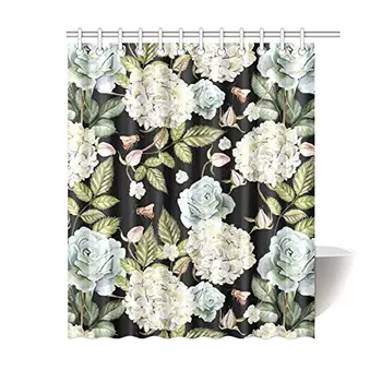 

Watercolor Flower Waterproof Shower Curtain Decor, Roses and Hydrangeas Flowers with Bees Fabric Bathroom Set with Hooks,