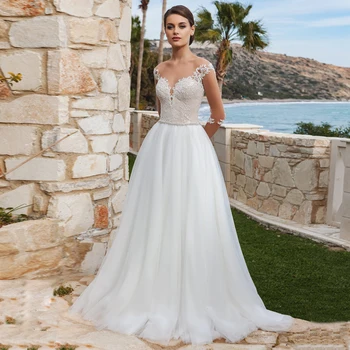 

Long Sleeves Wedding Dresses Robe De Mariage Sexy See-through Lace Applique Beading Belt Tulle A-line Bridal Wedding Dress