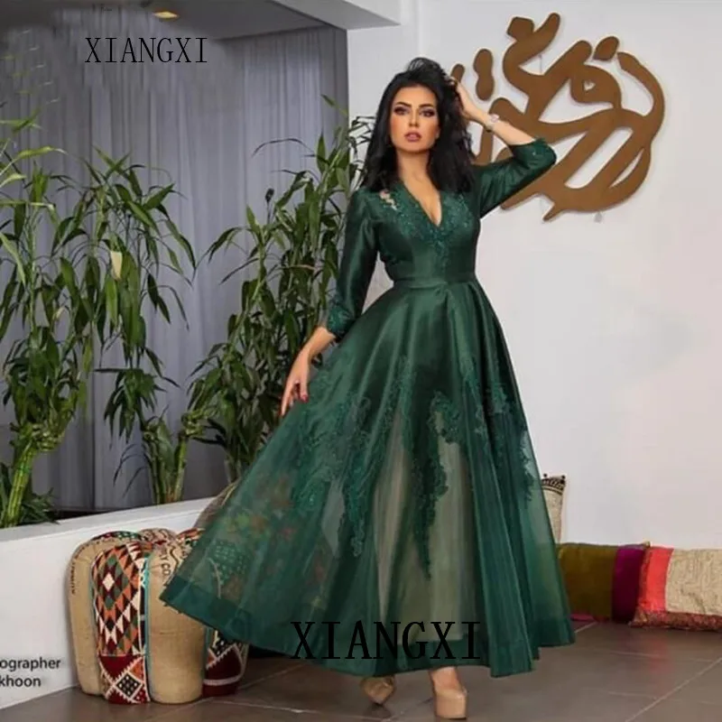 Col en V robe de soire vert dubaï caftan robes de soireue longue Abendkleider abiye robes de soireue